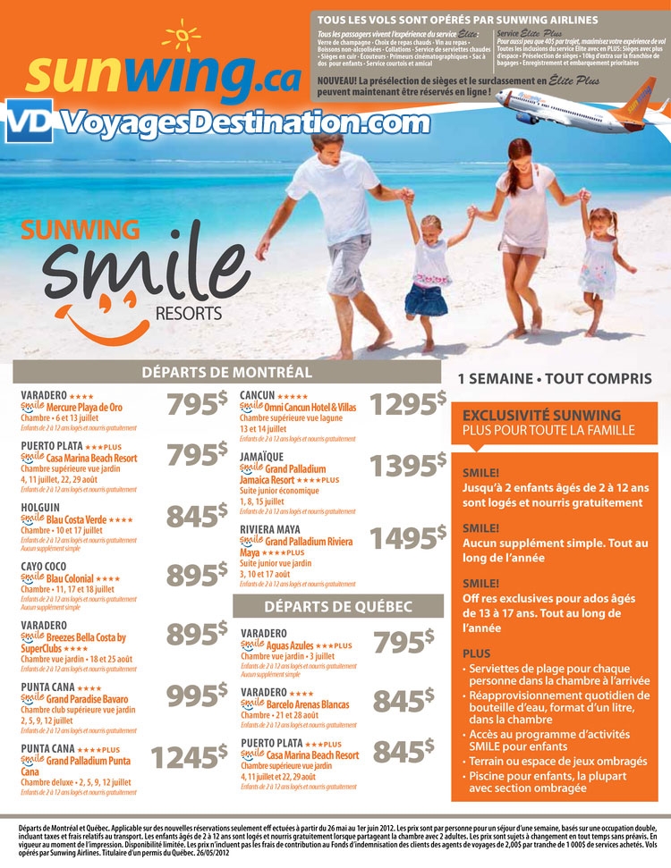 Exclusivité Sunwing Smile resorts, départ de Montréal et Québec