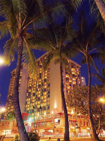 Aston Waikiki Beach exterior at night