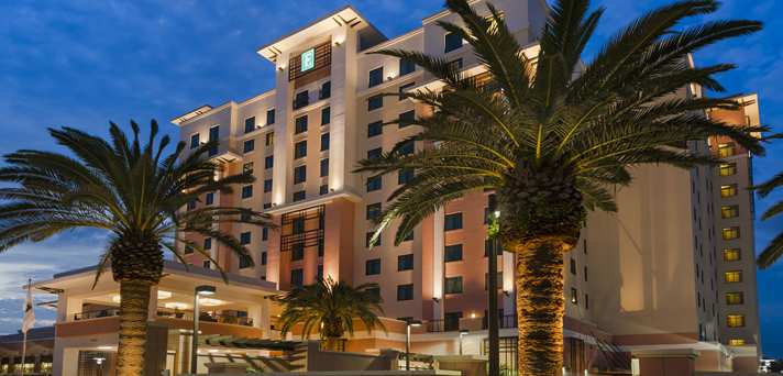 Embassy Suites Hotel exterior at night