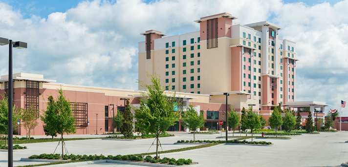 Embassy Suites Hotel exterior at night