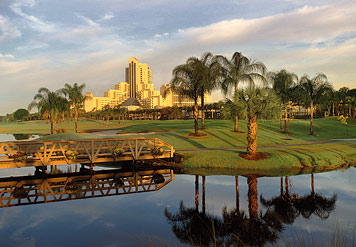 Orlando World Center Marriott exterior at night